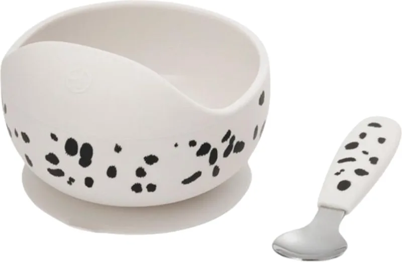 eetservies - Kom + lepel - Baby eetservies set - Baby Siliconen kommetje + lepel - Baby servies set - Dalmatian Dots de Elodie Details en Dalmation dots – photo produit