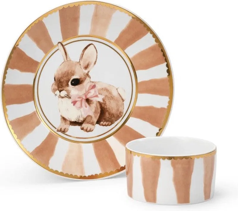 Porcelain Dinner Set - Babyservies - Kinderbord + kom - Babyservies set porselein - Kraamcadeau van Elodie Details in Bunny darling – productfoto