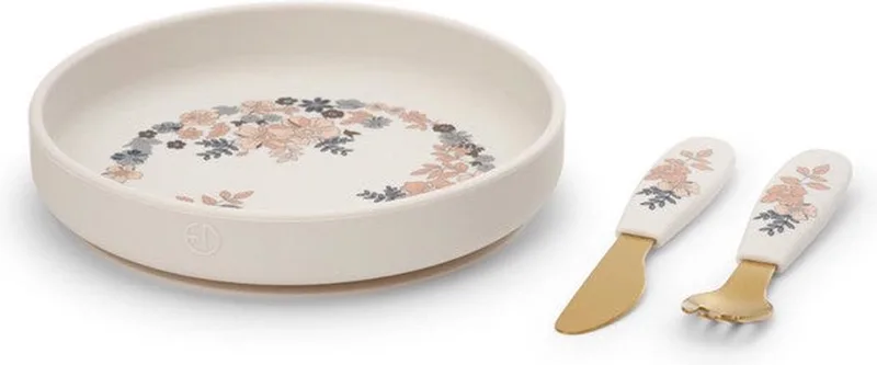 Silcone bord - Eetset - Kinderbord + vork + mes - Baby servies - Babyservies set - Lt Placement van Elodie Details in Blue Garden – productfoto