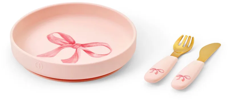 Silcone bord - Eetset - Silcone bord - Eetset - Kinderbord + vork + mes - Baby servies - Babyservies set -Rosy Bow van Elodie Details in Roos Bow – productfoto
