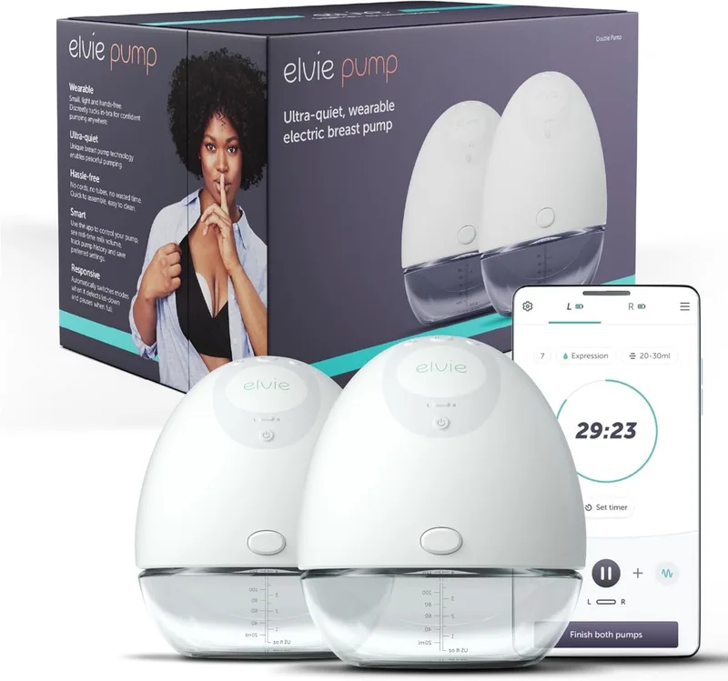 Pump Elektrische Borstkolf – Dubbele handsfree borstkolf van ziekenhuiskwaliteit - Het kleinste en meest discrete draagbare kolf apparaat - Incl. gratis App en 4 flessen de Elvie en Wit – photo produit