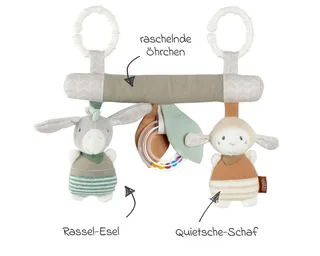 Greifspielzeug Esel & Schaf Activity-Trapez, zum Aufhängen - Stoff-Lernspielzeug mit Rassel und Quietsche från Fehn i Grå – produktbild 3 av 5