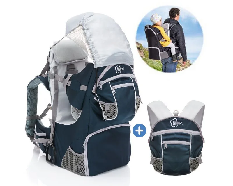 Babytrage Blau, Rückentrage für Baby & Kleinkind mit Sonnenschutz, Kraxe zum Wandern by Fillikid in Grey – product photo
