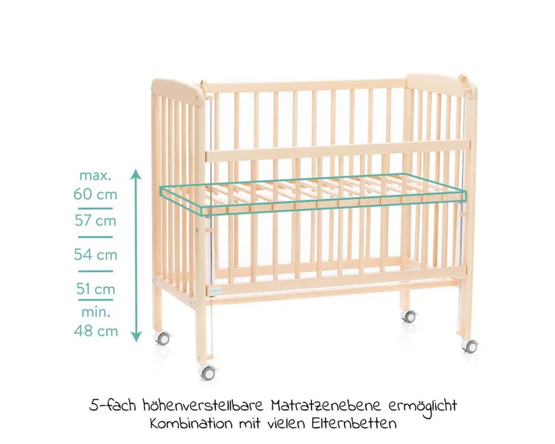 Beistellbett Nino - Natur, Stubenwagen Stubenbett auch für Boxspringbett verstellbar mit Rollen von Fillikid in Braun – Produktfoto 4 von 5