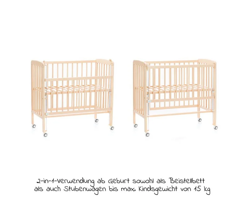 Beistellbett Nino - Natur, Stubenwagen Stubenbett auch für Boxspringbett verstellbar mit Rollen von Fillikid in Braun – Produktfoto 2 von 5