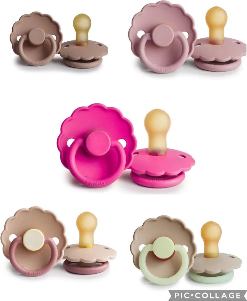 Daisy Fopspeen set 5 stuks 0-6 maand maat 1 van Frigg in Fuchsia, Baby Pink, Blush, Blush Glow en Bloom Peony – productfoto