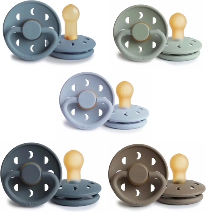 Moon Fopspeen set 5 stuks 0-6 maand maat 1 van Frigg in Sage, Powder Blue, Stone Blue, Slate en Portobello – productfoto