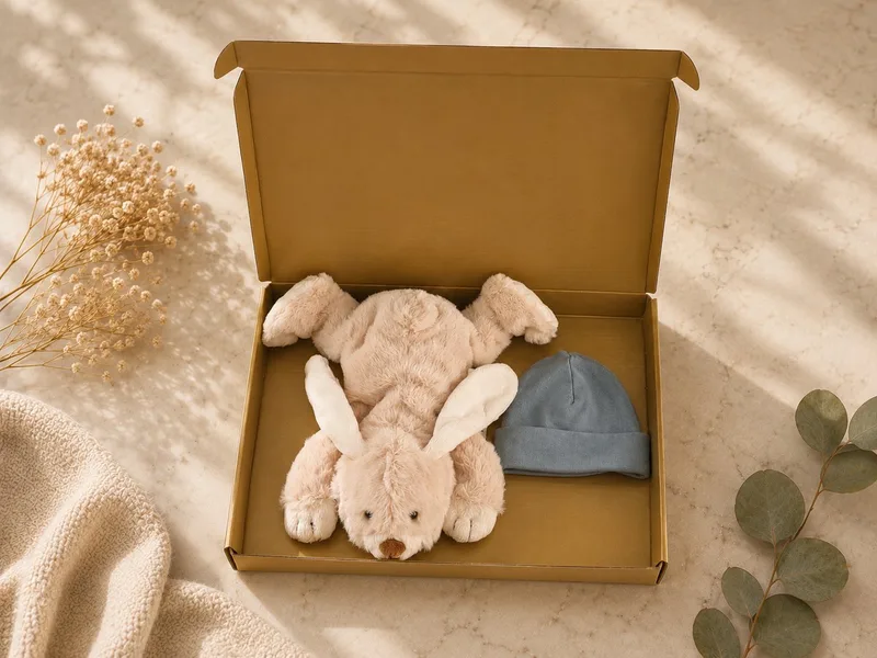 Baby Cadeauset Blauw – Knuffel & Babymutsje in Luxe Gouden Geschenkdoos – Kraamcadeau Babyshower – Kraamcadeau Jongen de Funnies en Licht blauw – photo produit