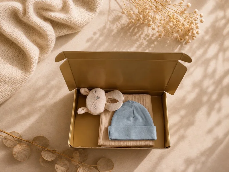 Baby Cadeauset / blauw – Knuffeldoek & Babymutsje in Luxe Gouden Geschenkdoos – 100% katoen – Kraamcadeau Babyshower – Kraamcadeau Jongen de Funnies en Licht blauw – photo produit