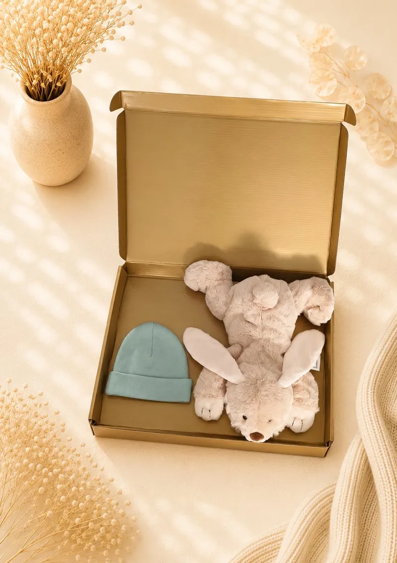 Baby Cadeauset – Knuffel & Babymutsje in Luxe Gouden Geschenkdoos – Kraamcadeau Babyshower – Kraamcadeau Jongen / Meisje de Funnies en Vert – photo produit