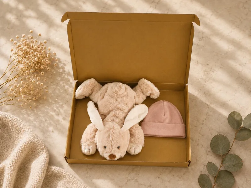 Baby Cadeauset – Knuffel & Babymutsje in Luxe Gouden Geschenkdoos – Kraamcadeau Babyshower – Kraamcadeau Meisje de Funnies en Rose – photo produit