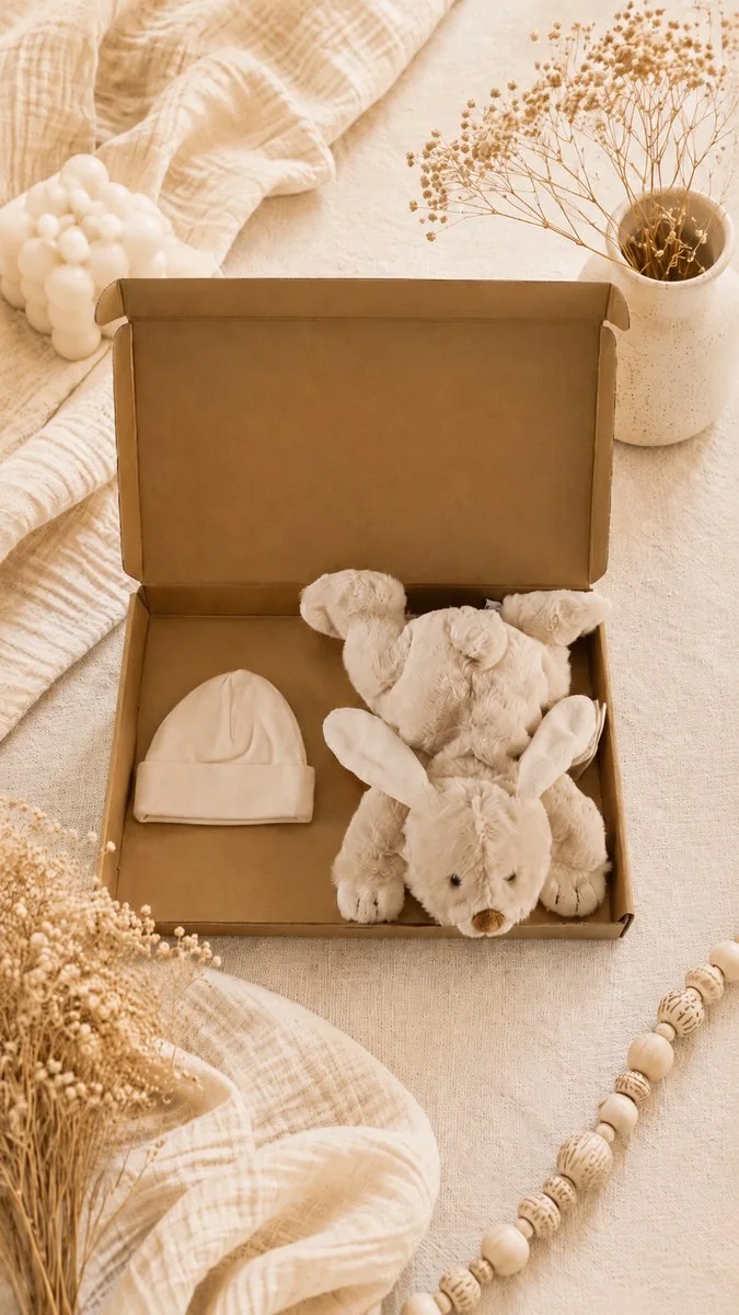 Baby Cadeauset – Knuffel & Babymutsje in Luxe Gouden Geschenkdoos – Kraamcadeau Babyshower – Kraamcadeau Jongen / Meisje by Funnies in Beige – product photo