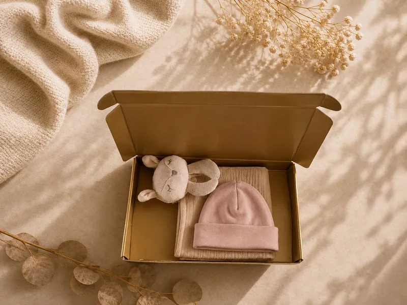 Baby Cadeauset – Knuffeldoek & Babymutsje in Luxe Gouden Geschenkdoos – 100% katoen – Kraamcadeau Babyshower – Kraamcadeau Meisje de Funnies en Rose – photo produit