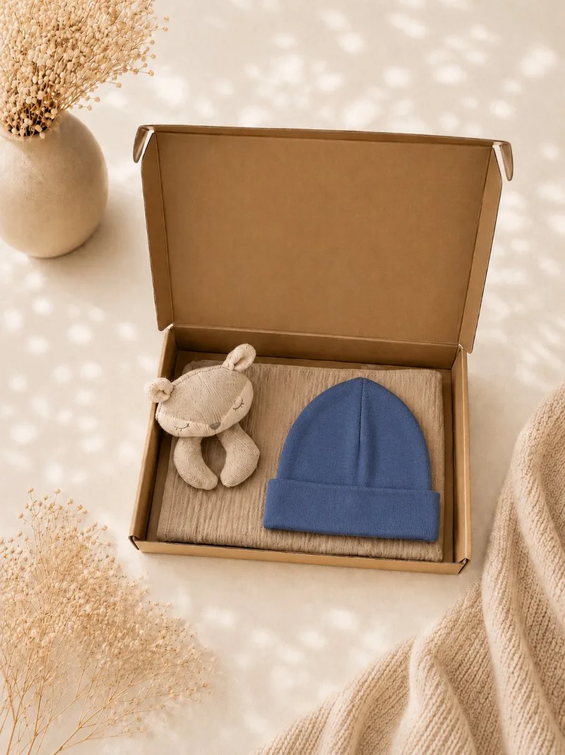 Baby Cadeauset – Knuffeldoek & Babymutsje in Luxe Gouden Geschenkdoos – 100% katoen – Kraamcadeau Babyshower – Kraamcadeau Jongen de Funnies en Bleu – photo produit