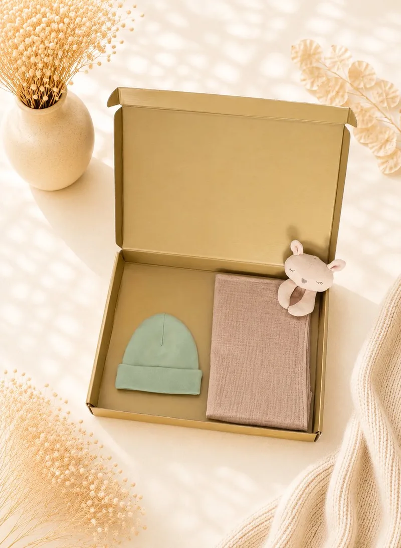 Baby Cadeauset – Knuffeldoek & Babymutsje in Luxe Gouden Geschenkdoos – 100% katoen – Kraamcadeau Babyshower – Kraamcadeau Jongen / Meisje de Funnies en Vert – photo produit