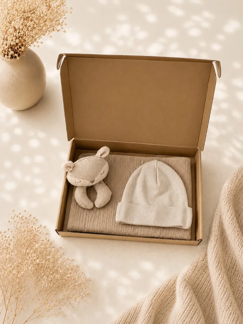 Baby Cadeauset – Knuffeldoek & Babymutsje in Luxe Gouden Geschenkdoos – 100% katoen – Kraamcadeau Babyshower – Kraamcadeau Jongen / Meisje by Funnies in Beige – product photo