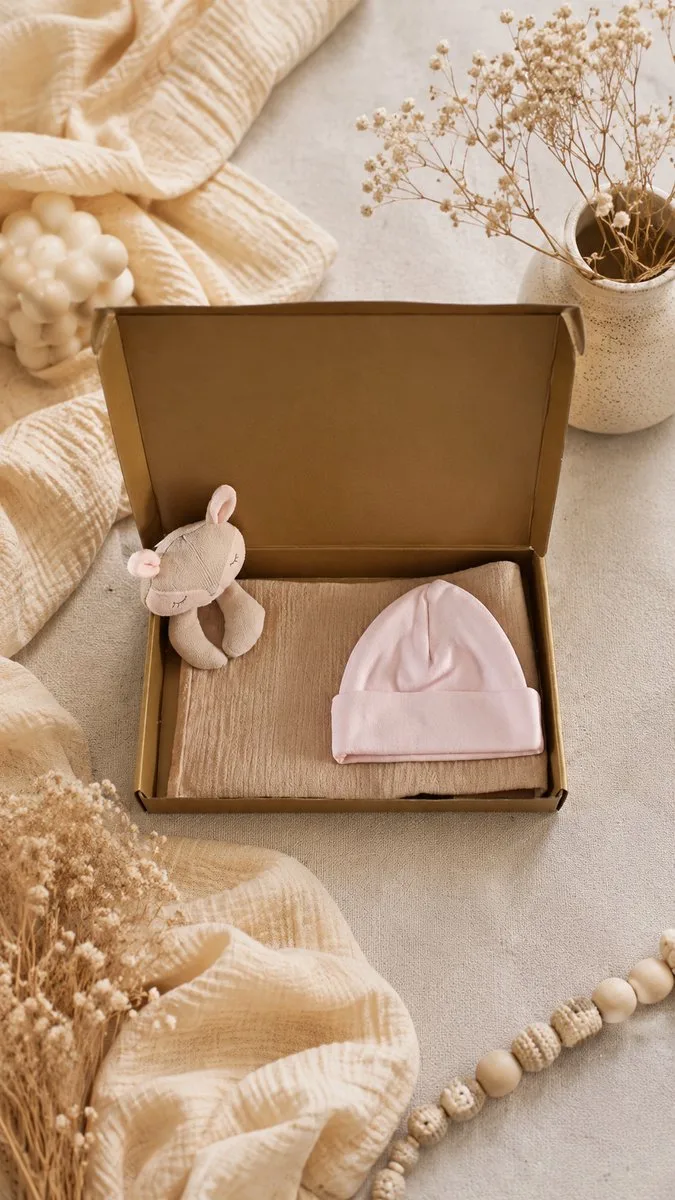 Baby Cadeauset licgtroze / Knuffeldoek & Babymutsje in Luxe Gouden Geschenkdoos – 100% katoen – Kraamcadeau Babyshower – Kraamcadeau Meisje de Funnies en Rose – photo produit