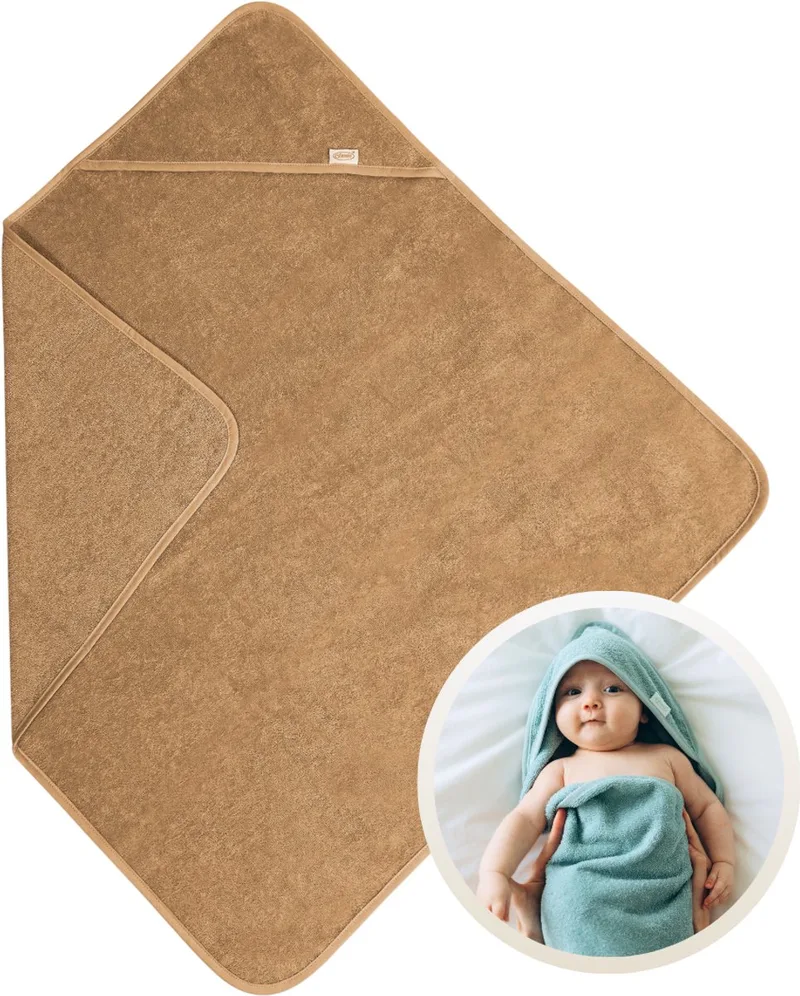 Badcape 100x100 cm - 100% Katoenen Badstof - Zachte en Absorberende Baby Badcape - Handdoek met Capuchon - Grote Omslagdoek - Dikke Badstof - Voor na het Badderen - Makkelijk Wasbaar en Geschikt voor Gevoelige Huid by Funnies in Sand – product photo
