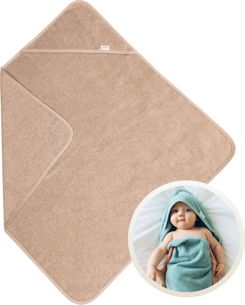 Badcape 100x100 cm - 100% Katoenen Badstof - Zachte en Absorberende Baby Badcape - Handdoek met Capuchon - Grote Omslagdoek - Dikke Badstof - Voor na het Badderen - Makkelijk Wasbaar en Geschikt voor Gevoelige Huid van Funnies in Pinkstone – productfoto