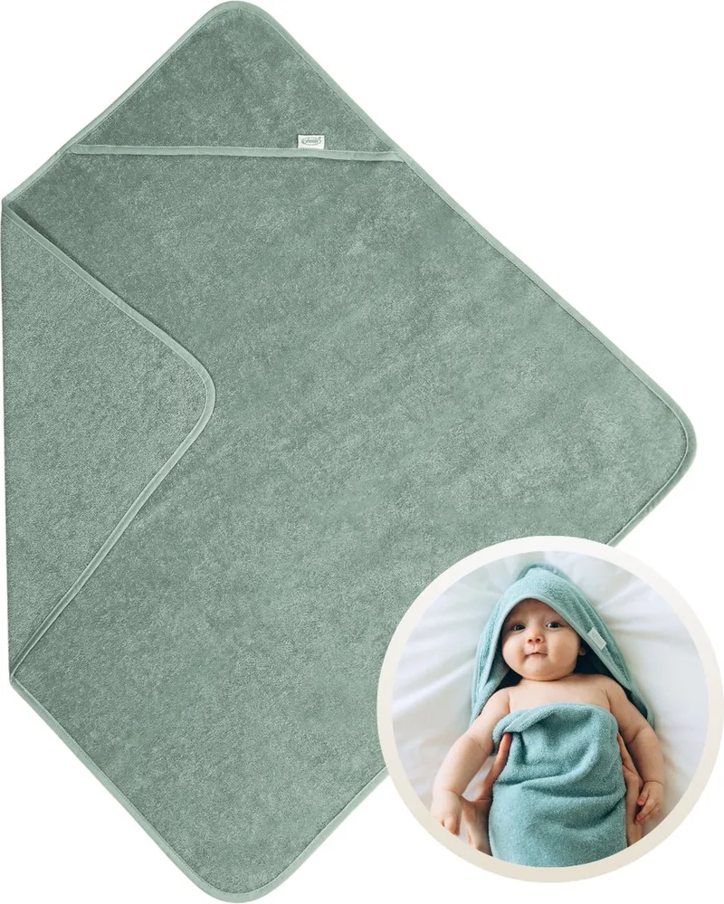 Badcape 100x100 cm - 100% Katoenen Badstof - Zachte en Absorberende Baby Badcape - Handdoek met Capuchon - Grote Omslagdoek - Dikke Badstof - Voor na het Badderen - Makkelijk Wasbaar en Geschikt voor Gevoelige Huid by Funnies in Stone Green – product photo