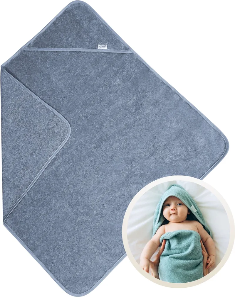 Badcape 100x100 cm - 100% Katoenen Badstof - Zachte en Absorberende Baby Badcape - Handdoek met Capuchon - Grote Omslagdoek - Dikke Badstof - Voor na het Badderen - Makkelijk Wasbaar en Geschikt voor Gevoelige Huid by Funnies in Grey Blue – product photo
