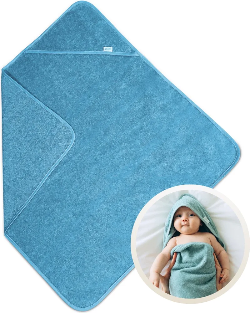 Badcape 100x100 cm - 100% Katoenen Badstof - Zachte en Absorberende Baby Badcape - Handdoek met Capuchon - Grote Omslagdoek - Dikke Badstof - Voor na het Badderen - Makkelijk Wasbaar en Geschikt voor Gevoelige Huid de Funnies en Bleu – photo produit