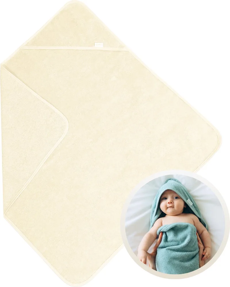Badcape 80x80 cm - Zachte Badcape Baby / Omslagdoek / Handdoek met Capuchon - Gemaakt van 100% Katoenen Badstof - Absorberend en Comfortabel - Perfect voor Warmte en Droogte na het Badderen van Funnies in Ecru – productfoto