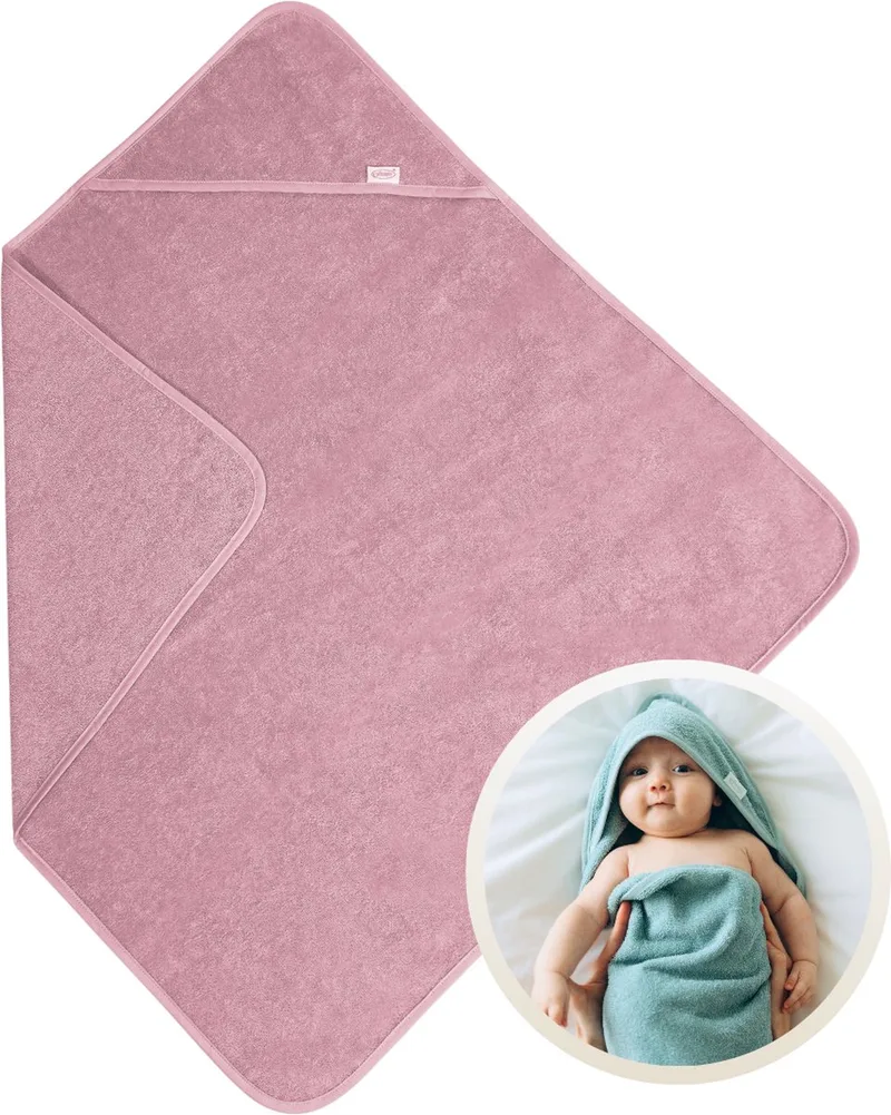 Badcape 80x80 cm - Zachte Badcape Baby / Omslagdoek / Handdoek met Capuchon - Gemaakt van 100% Katoenen Badstof - Absorberend en Comfortabel - Perfect voor Warmte en Droogte na het Badderen van Funnies in Roze – productfoto