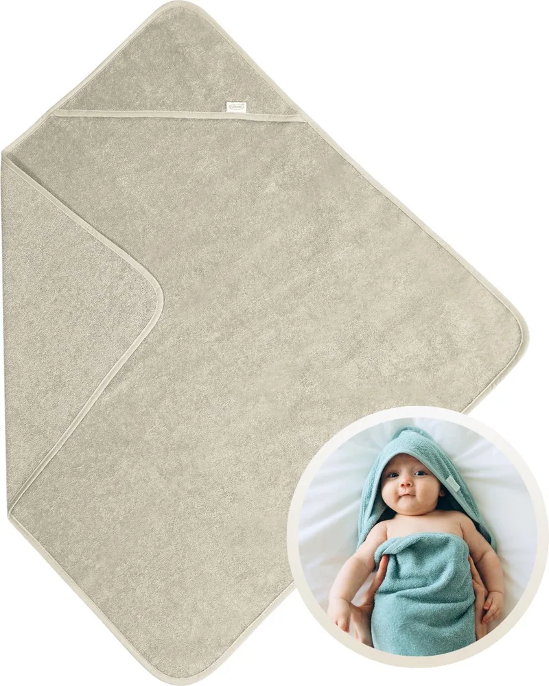 Badcape Sandstone Grey 100x100 cm - 100% Katoenen Badstof - Zachte en Absorberende Baby Badcape - Handdoek met Capuchon - Grote Omslagdoek - Dikke Badstof - Voor na het Badderen - Makkelijk Wasbaar en Geschikt voor Gevoelige Huid by Funnies in Standstone Grey – product photo