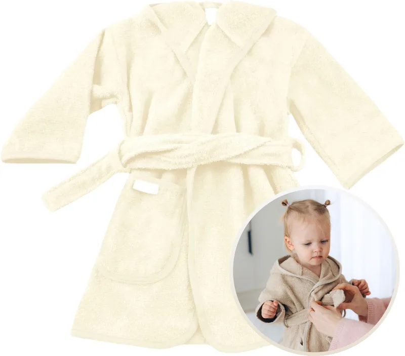 Badjas 0-12 Baby Badjas, Badjas Kinderen, Peuterbadjas - 100% Katoenen Badstof - Zacht en Absorberend - Perfect na Zwemmen, Douchen of Badderen - Ideaal als Cadeau voor Baby’s en Kinderen van Funnies in Ecru – productfoto