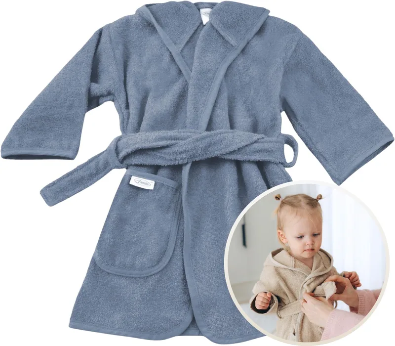 Badjas 0-12 Maanden Baby Badjas, Badjas Kinderen, Peuterbadjas - 100% Katoenen Badstof - Zacht en Absorberend - Perfect na Zwemmen, Douchen of Badderen - Ideaal als Cadeau voor Baby’s en Kinderen från Funnies i Grey Blue – produktbild