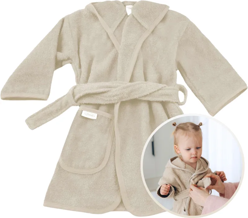 Badjas 0-12 Maanden Baby Badjas, Badjas Kinderen, Peuterbadjas - 100% Katoenen Badstof - Zacht en Absorberend - Perfect na Zwemmen, Douchen of Badderen - Ideaal als Cadeau voor Baby’s en Kinderen fra Funnies i Sandstone Grey – produktbillede