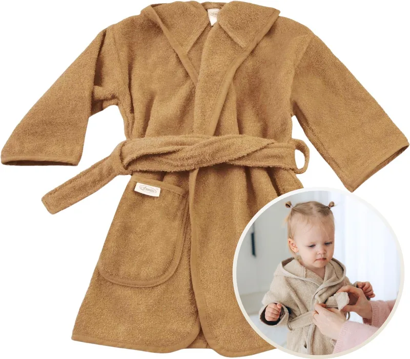 Badjas 0-12 Maanden Baby Badjas, Badjas Kinderen, Peuterbadjas - 100% Katoenen Badstof - Zacht en Absorberend - Perfect na Zwemmen, Douchen of Badderen - Ideaal als Cadeau voor Baby’s en Kinderen från Funnies i Sand – produktbild