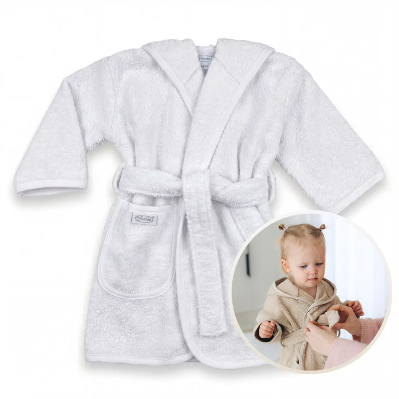 Badjas 1-2 Jaar Baby Badjas, Badjas Kinderen, Peuterbadjas - 100% Katoenen Badstof - Zacht en Absorberend - Perfect na Zwemmen, Douchen of Badderen - Ideaal als Cadeau voor Baby’s en Kinderen från Funnies i Vit – produktbild