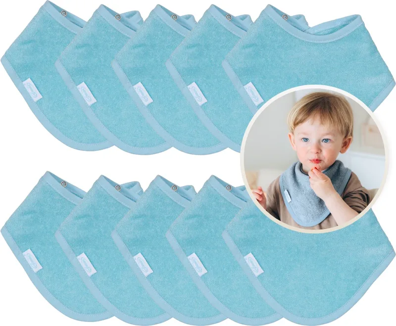 Bandana Slabbetjes 10 Stuks - Set van 10 Zachte Slabbetjes - Kwijldoekjes - Spuugdoekjes - Gemaakt van 100% Katoenen Badstof - Absorberend, Zacht en Makkelijk Wasbaar - Ideaal voor Baby’s bij Voeden, Kwijlen en Spugen by Funnies in Blue – product photo