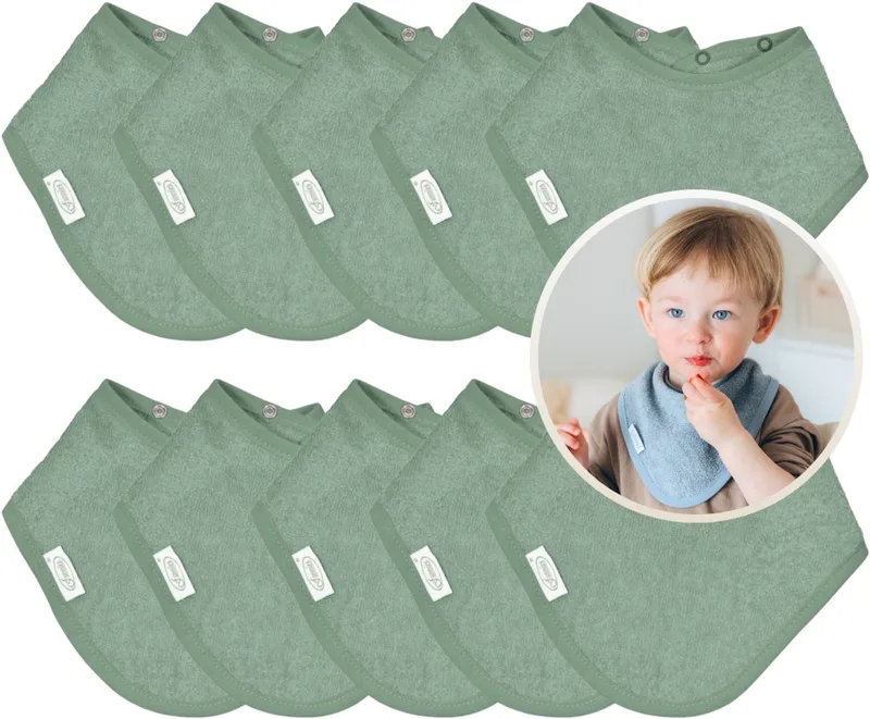 Bandana Slabbetjes 10 Stuks - Set van 10 Zachte Slabbetjes - Kwijldoekjes - Spuugdoekjes - Gemaakt van 100% Katoenen Badstof - Absorberend, Zacht en Makkelijk Wasbaar - Ideaal voor Baby’s bij Voeden, Kwijlen en Spugen by Funnies in Stone Green – product photo