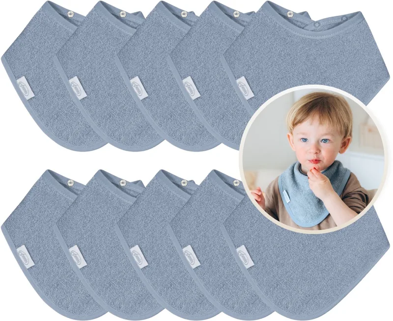 Bandana Slabbetjes 10 Stuks - Set van 10 Zachte Slabbetjes - Kwijldoekjes - Spuugdoekjes - Gemaakt van 100% Katoenen Badstof - Absorberend, Zacht en Makkelijk Wasbaar - Ideaal voor Baby’s bij Voeden, Kwijlen en Spugen by Funnies in Grey Blue – product photo