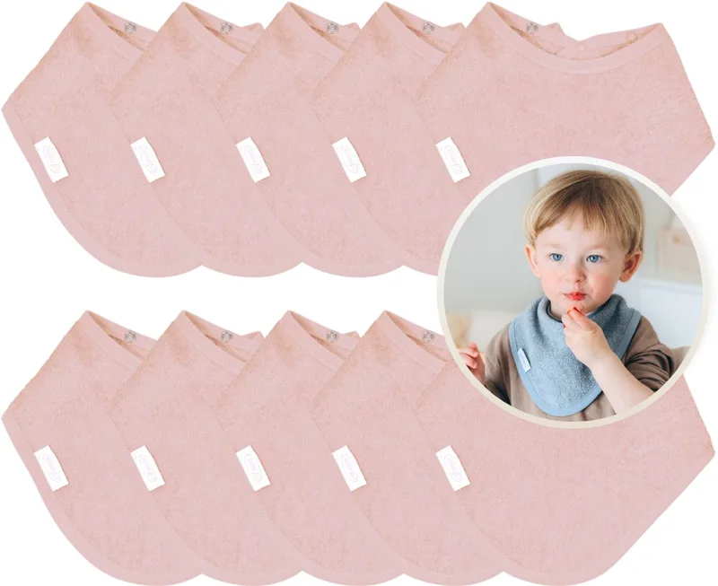 Bandana Slabbetjes 10 Stuks - Set van 10 Zachte Slabbetjes - Kwijldoekjes - Spuugdoekjes - Gemaakt van 100% Katoenen Badstof - Absorberend, Zacht en Makkelijk Wasbaar - Ideaal voor Baby’s bij Voeden, Kwijlen en Spugen van Funnies in Blush – productfoto