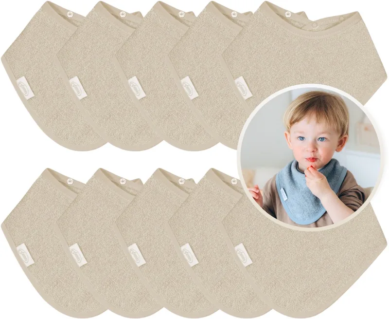Bandana Slabbetjes 10 Stuks - Set van 10 Zachte Slabbetjes - Kwijldoekjes - Spuugdoekjes - Gemaakt van 100% Katoenen Badstof - Absorberend, Zacht en Makkelijk Wasbaar - Ideaal voor Baby’s bij Voeden, Kwijlen en Spugen van Funnies in Crème – productfoto