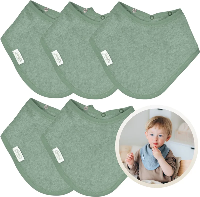 Bandana Slabbetjes 5 Stuks - Set van 5 Zachte Slabbetjes - Kwijldoekjes - Spuugdoekjes - Gemaakt van 100% Katoenen Badstof - Absorberend, Zacht en Makkelijk Wasbaar - Ideaal voor Baby’s bij Voeden, Kwijlen en Spugen by Funnies in Stone Green – product photo