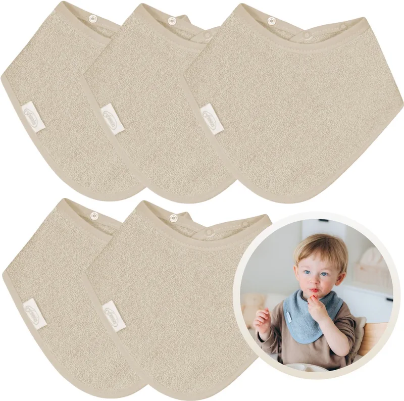 Bandana Slabbetjes 5 Stuks - Set van 5 Zachte Slabbetjes - Kwijldoekjes - Spuugdoekjes - Gemaakt van 100% Katoenen Badstof - Absorberend, Zacht en Makkelijk Wasbaar - Ideaal voor Baby’s bij Voeden, Kwijlen en Spugen by Funnies in Cream – product photo