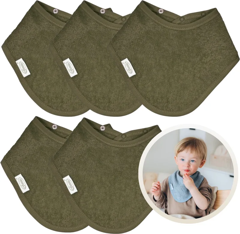 Bandana Slabbetjes 5 Stuks - Set van 5 Zachte Slabbetjes - Kwijldoekjes - Spuugdoekjes - Gemaakt van 100% Katoenen Badstof - Absorberend, Zacht en Makkelijk Wasbaar - Ideaal voor Baby’s bij Voeden, Kwijlen en Spugen van Funnies in Forest – productfoto