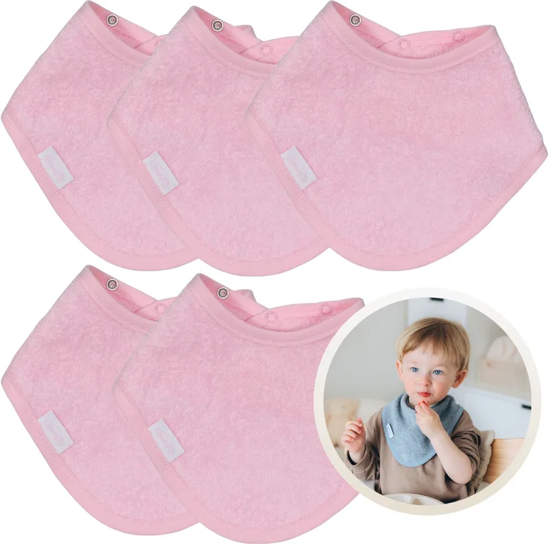 Bandana Slabbetjes 5 Stuks - Set van 5 Zachte Slabbetjes - Kwijldoekjes - Spuugdoekjes - Gemaakt van 100% Katoenen Badstof - Absorberend, Zacht en Makkelijk Wasbaar - Ideaal voor Baby’s bij Voeden, Kwijlen en Spugen by Funnies in Pink – product photo