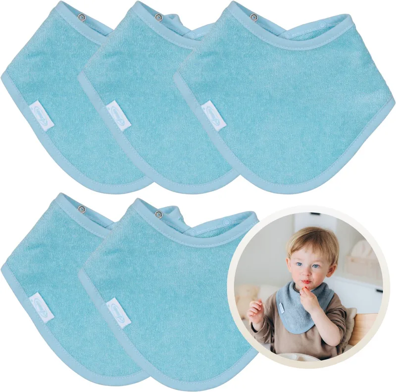 Bandana Slabbetjes 5 Stuks - Set van 5 Zachte Slabbetjes - Kwijldoekjes - Spuugdoekjes - Gemaakt van 100% Katoenen Badstof - Absorberend, Zacht en Makkelijk Wasbaar - Ideaal voor Baby’s bij Voeden, Kwijlen en Spugen by Funnies in Blue – product photo