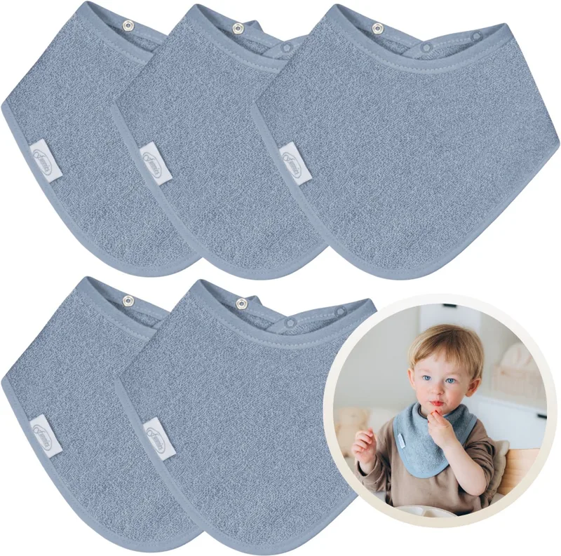 Bandana Slabbetjes 5 Stuks - Set van 5 Zachte Slabbetjes - Kwijldoekjes - Spuugdoekjes - Gemaakt van 100% Katoenen Badstof - Absorberend, Zacht en Makkelijk Wasbaar - Ideaal voor Baby’s bij Voeden, Kwijlen en Spugen de Funnies en Grey Blue – photo produit