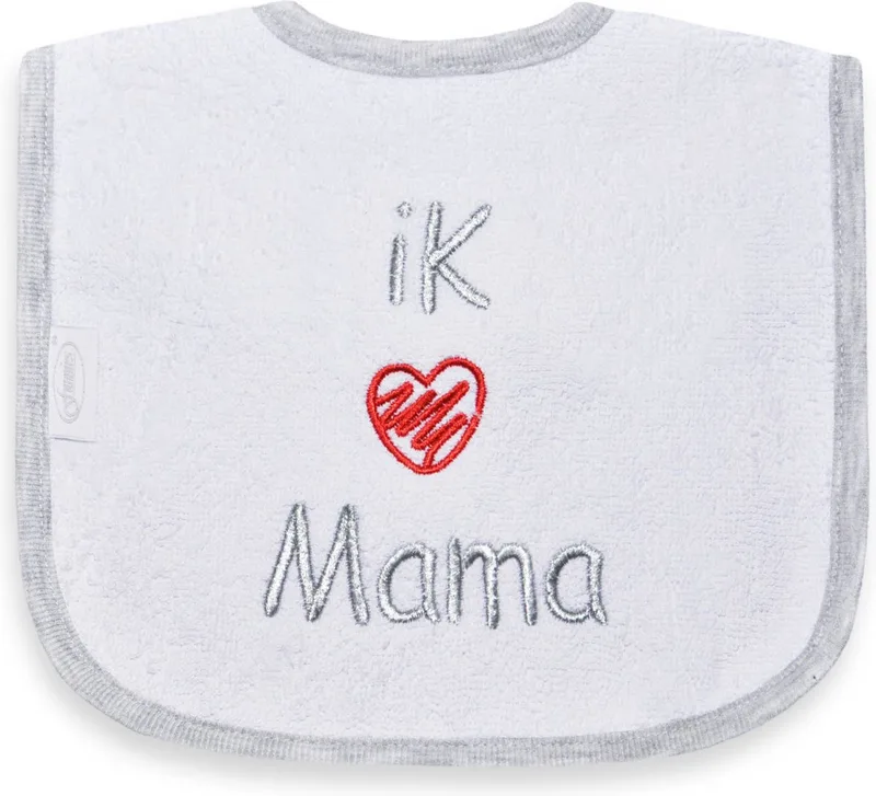 geborduurd tekst slabbetje: ik hartje mama (rood) by Funnies in White – product photo