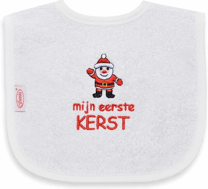geborduurd tekst slabbetje: Mijn eerste kerst van Funnies in Wit – productfoto