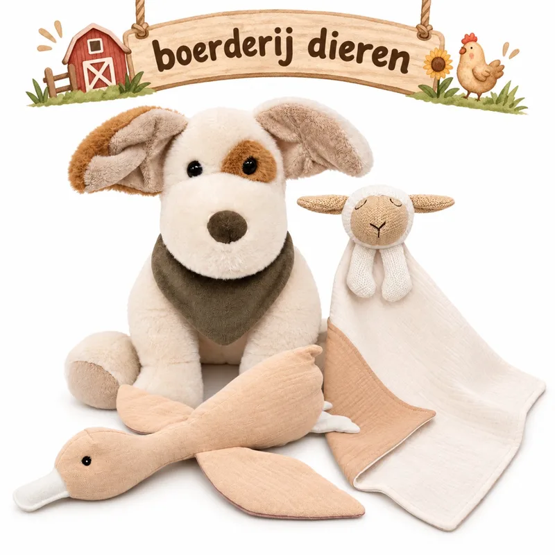 Giftset Knuffels - Boerderij Dieren - Baby Speelgoed - Kraamcadeau - Kraammand de Funnies en Multicolore – photo produit
