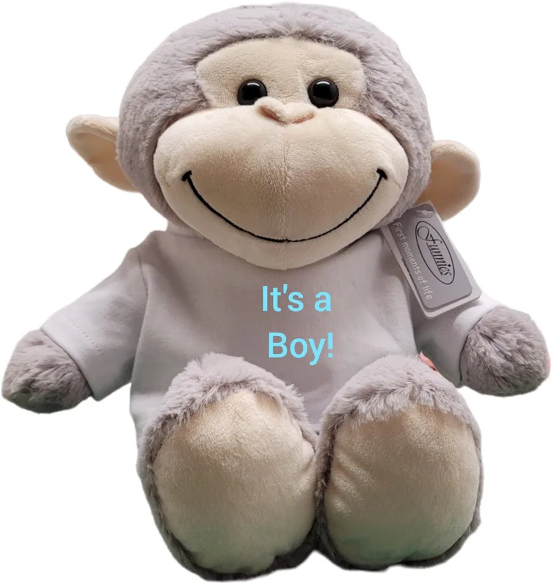 knuffel aap - 30cm - shirt - It's a boy - gender reveal - kraam cadeau - babyshower by Funnies in Wit – blauw – product photo