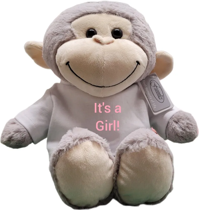 knuffel aap - 30cm - shirt - It's a girl - gender reveal - kraam cadeau - babyshower van Funnies in Wit – roze – productfoto